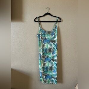 Fashion Nova Tropical Leaf Print Midi Dress in Green and Blue